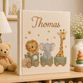 Personalized safari train hand embroidered photo album with lion elephant giraffe and custom baby name