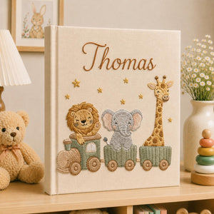 Personalized safari train hand embroidered photo album with lion elephant giraffe and custom baby name