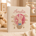 Personalized hand embroidered baby photo album with bunny in pink hot air balloon and clou