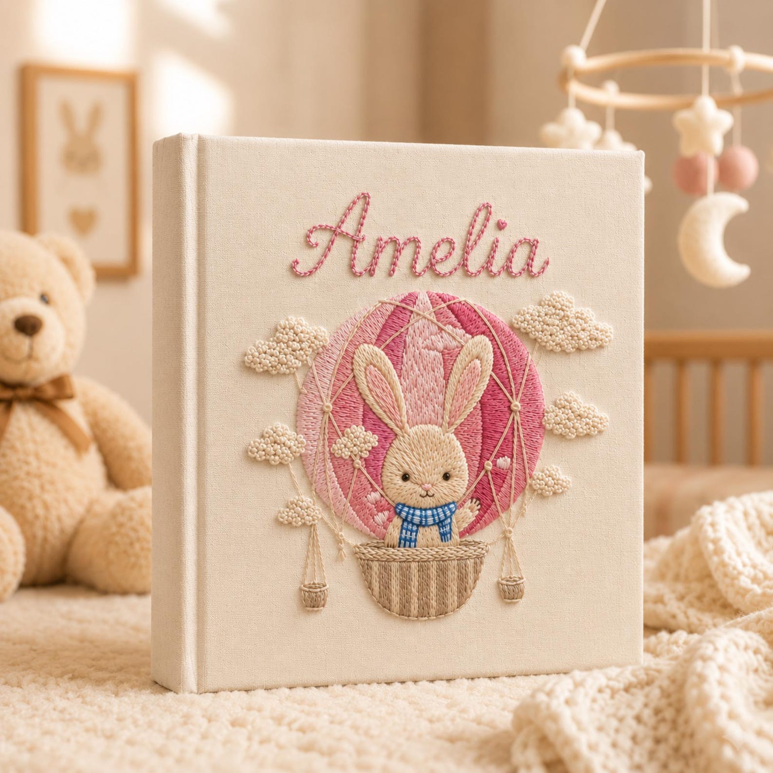 Personalized hand embroidered baby photo album with bunny in pink hot air balloon and clou