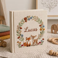 Personalized woodland fox and deer embroidered baby photo album with floral wreath and custom name on linen cover