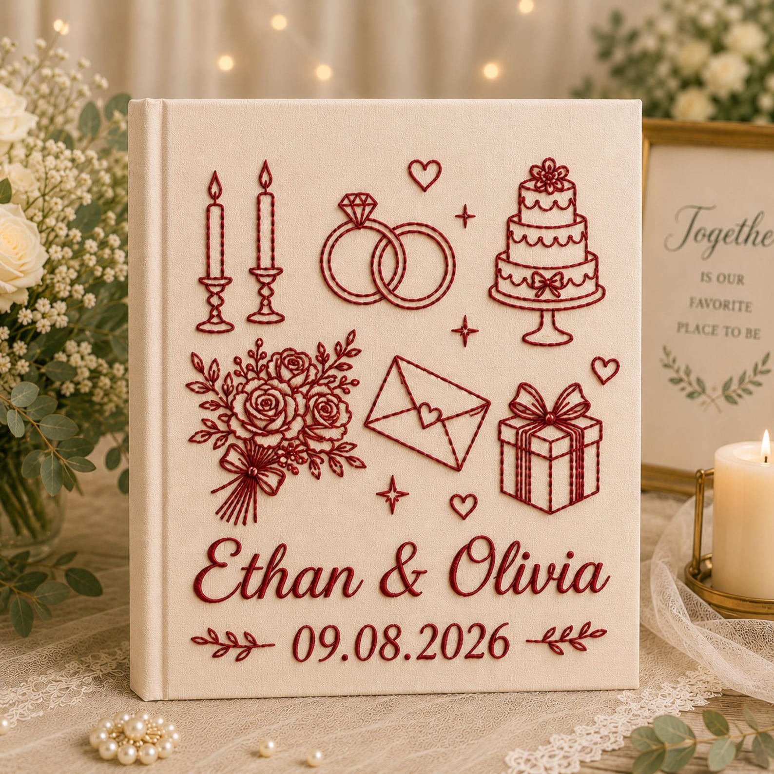 Personalized embroidered wedding photo album with wedding rings, cake, candles, flowers, custom names, and wedding date on linen hardcover