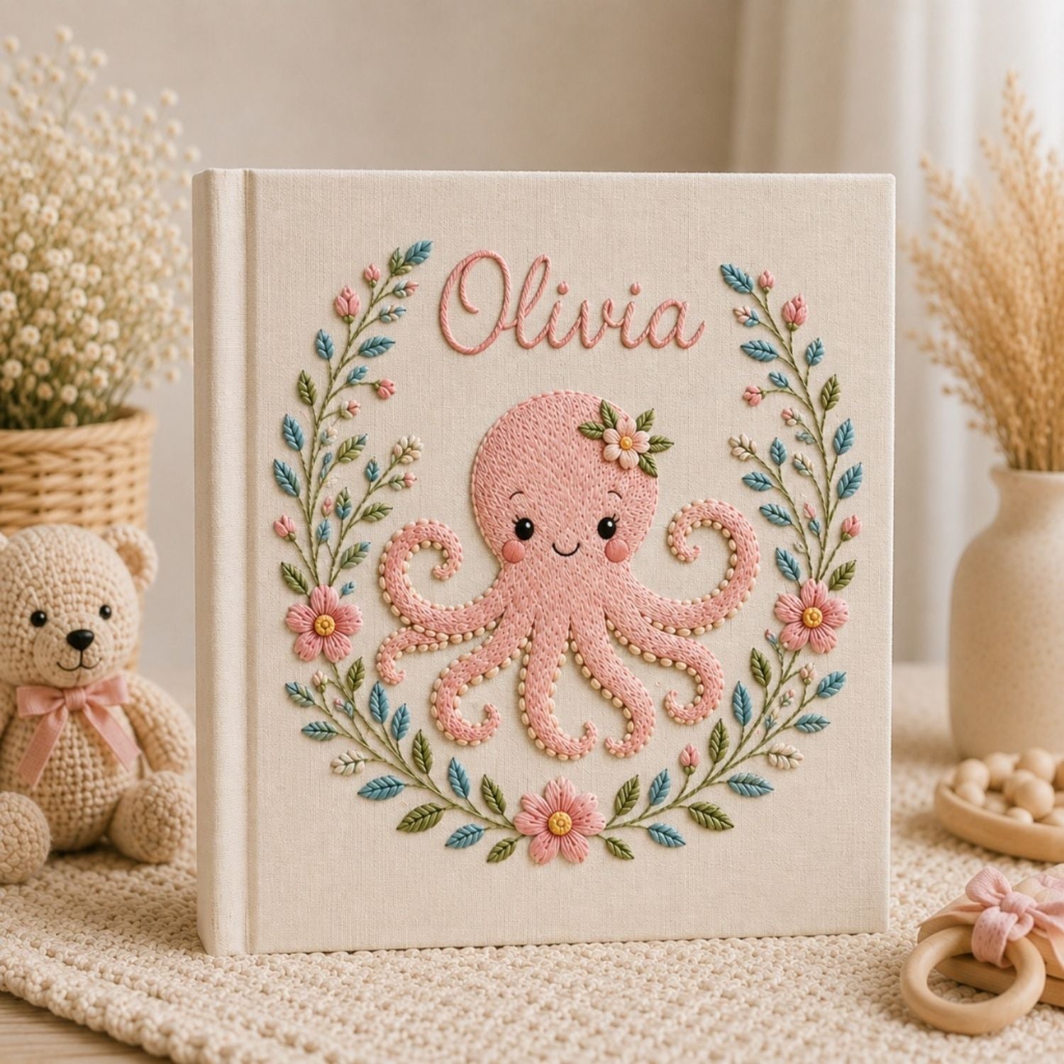 Personalized hand embroidered photo album featuring a cute pink octopus surrounded by floral wreath embroidery and pastel botanical details