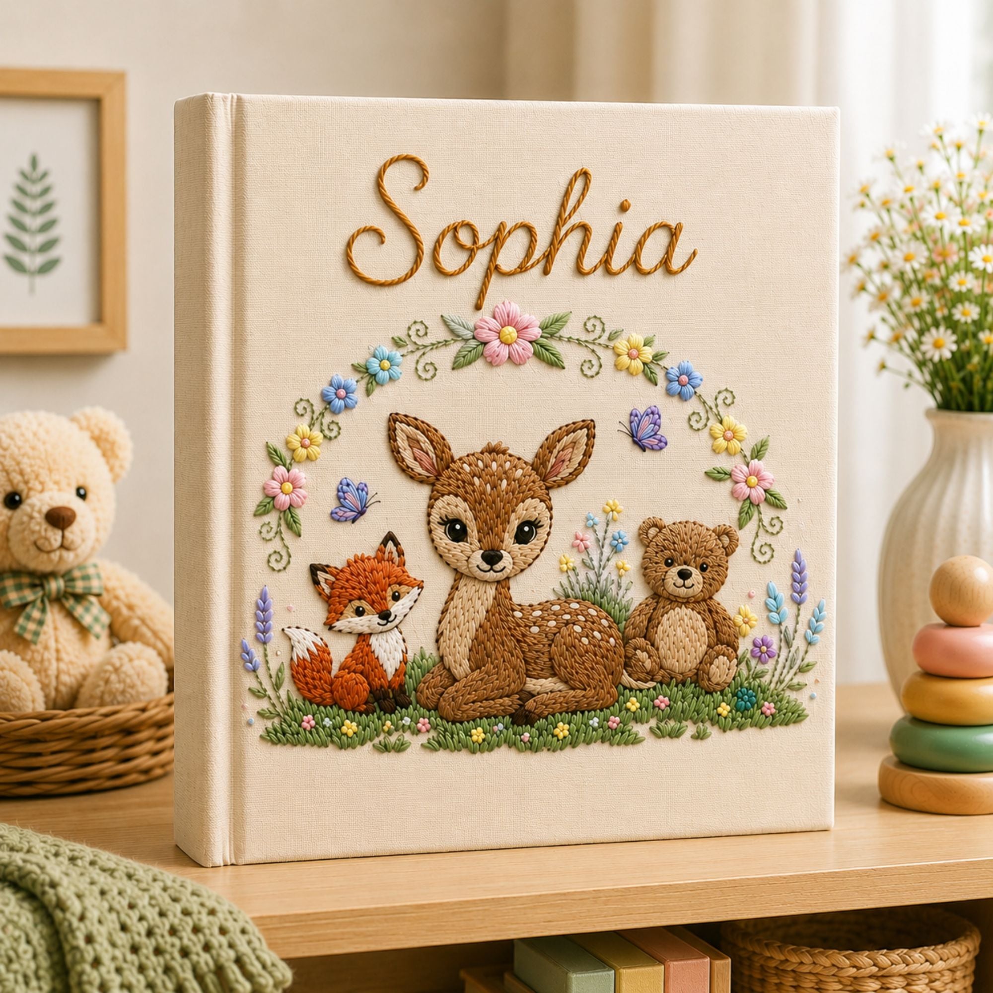 Personalized hand embroidered photo album featuring a woodland fawn fox and teddy bear surrounded by flowers and butterflies on a premium linen cover customized with a baby name