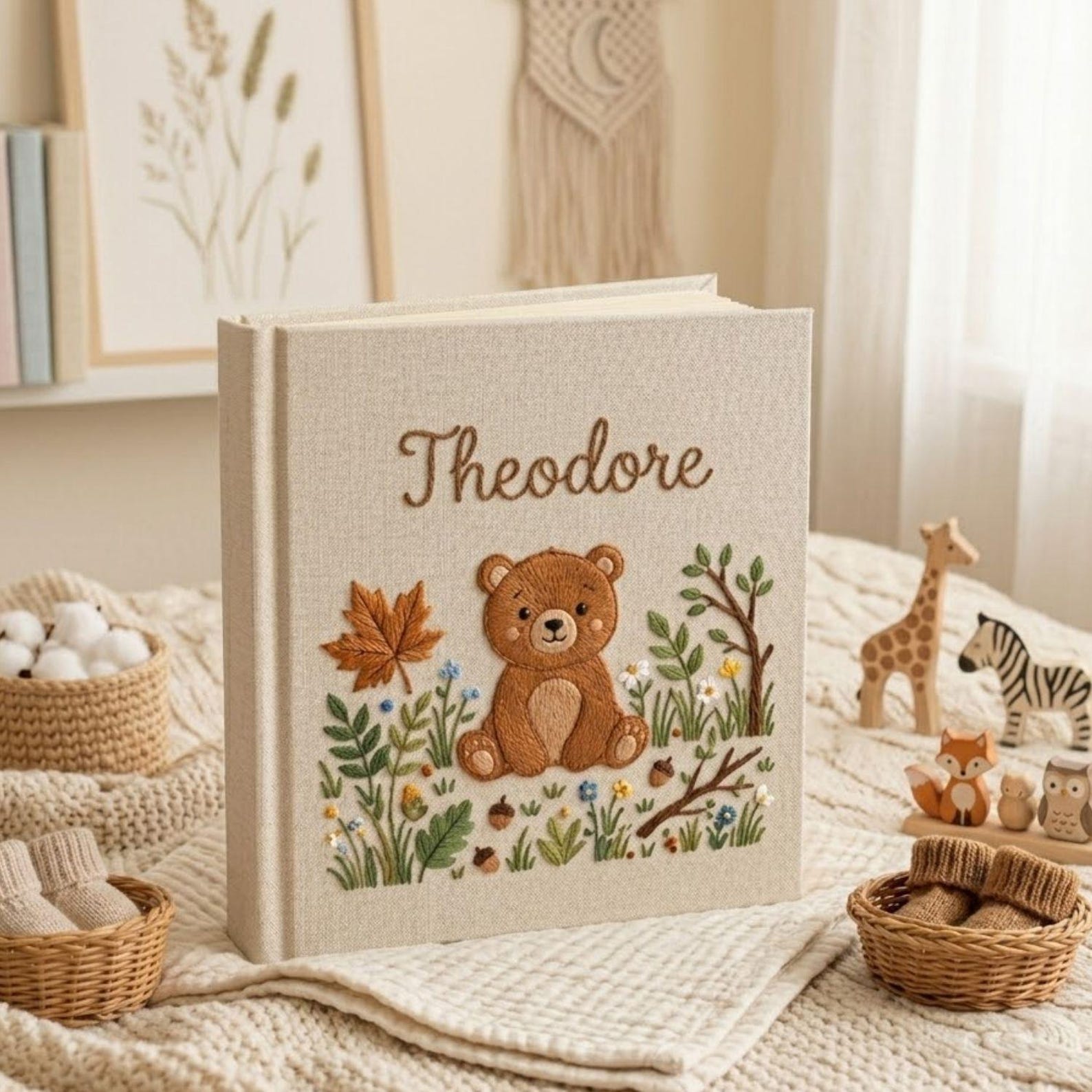 Personalized woodland teddy bear hand embroidered baby photo album with floral forest design on linen cover