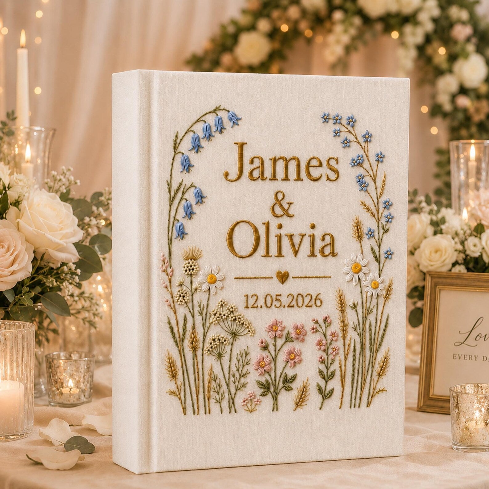 Personalized hand embroidered wildflower wedding photo album with botanical floral design and custom names on linen cover