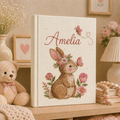 Personalized hand embroidered photo album with floral bunny design, custom baby girl memory keepsake gift