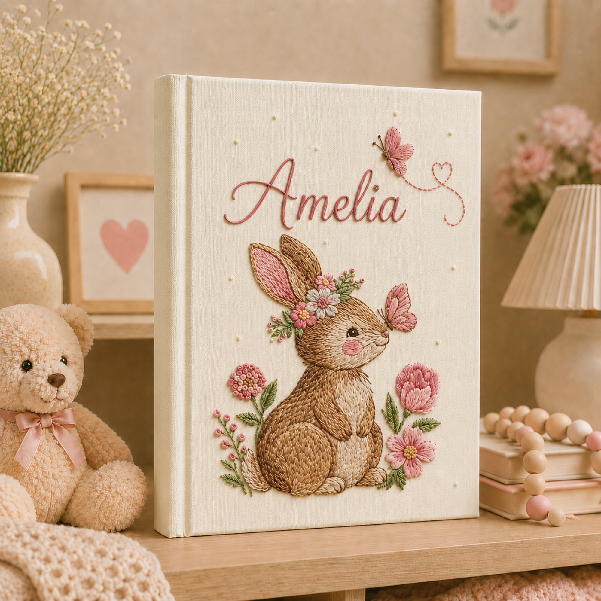 Personalized hand embroidered photo album with floral bunny design, custom baby girl memory keepsake gift