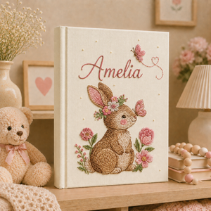 Personalized hand embroidered photo album with floral bunny design, custom baby girl memory keepsake gift