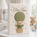 Personalized hand embroidered baby photo album with teddy bear in sage green hot air balloon