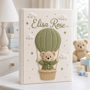 Personalized hand embroidered baby photo album with teddy bear in sage green hot air balloon