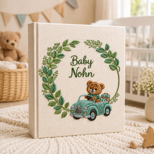 Personalized teddy bear vintage car hand embroidered baby photo album with botanical wreath