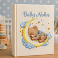 Personalized hand embroidered photo album featuring a sleeping teddy bear resting on a crescent moon with clouds and golden stars