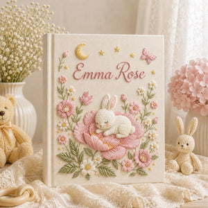 Personalized hand embroidered photo album featuring a sleeping bunny resting on a large pink flower surrounded by blossoms, butterflies, stars, and a crescent moon on a premium linen cover customized with a baby name
