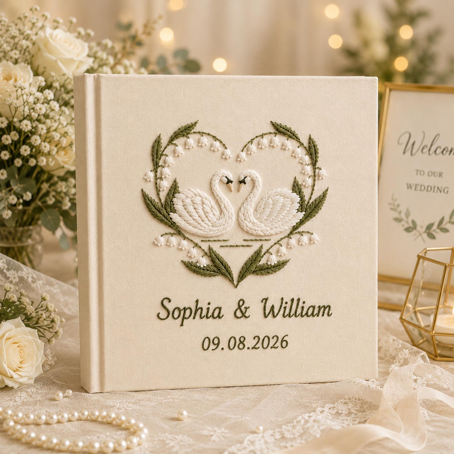 Personalized embroidered wedding photo album with swan heart embroidery, botanical wreath, custom names, wedding date, and linen hardcover design