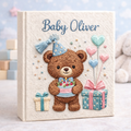 Personalized hand embroidered photo album featuring a birthday teddy bear holding a cake with heart balloons and gift boxes on a linen cover