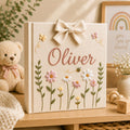 Personalized floral hand embroidered baby photo album with butterflies flowers and fabric bow