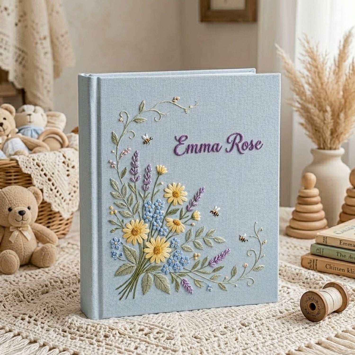 Personalized hand embroidered photo album featuring a wildflower bouquet with lavender, daisies, delicate greenery, bees, and custom name embroidery on a blue linen cover