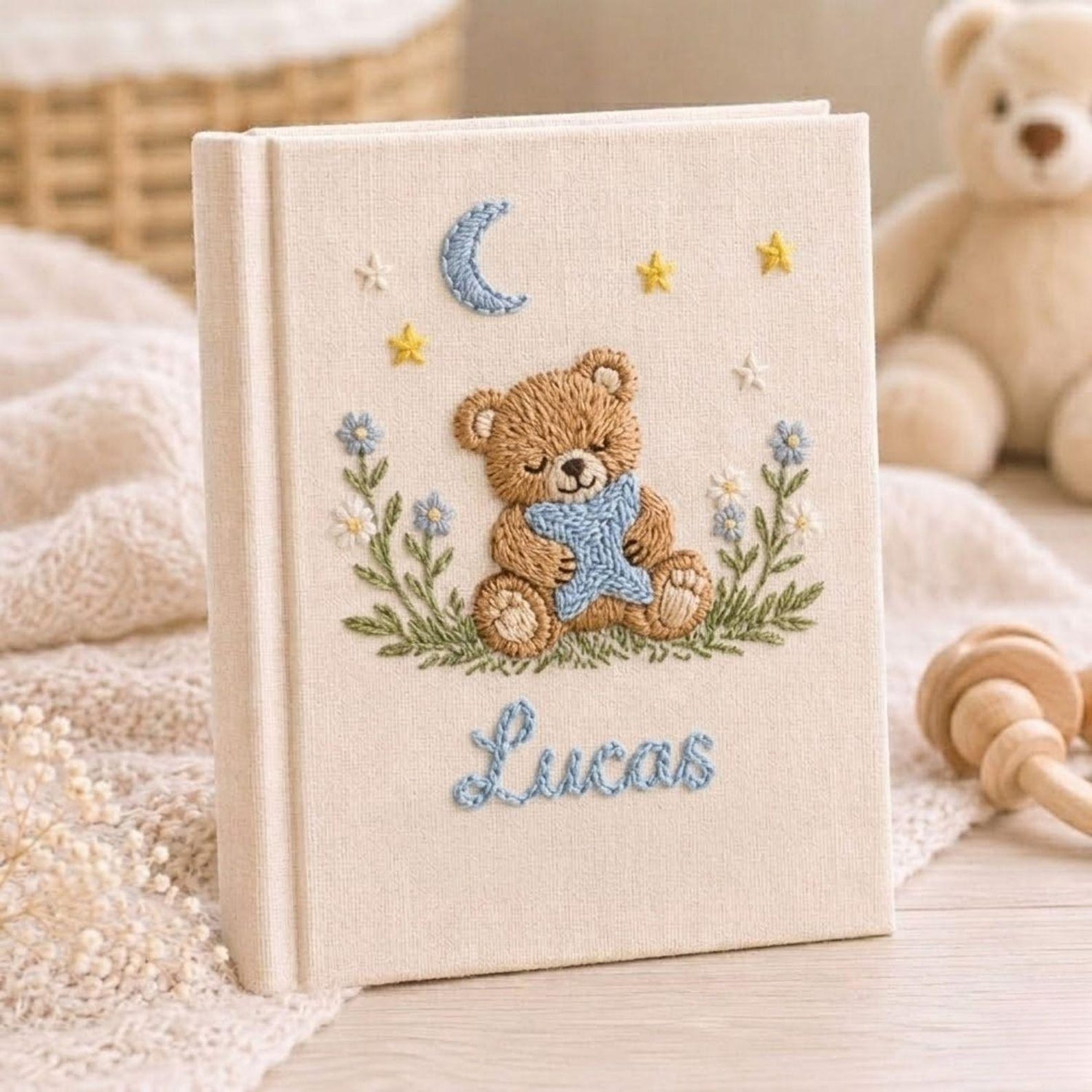 Personalized sleepy teddy hand embroidered baby photo album with moon star and bedtime nursery design on linen cover