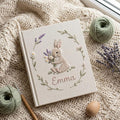 Personalized bunny lavender hand embroidered baby photo album with floral botanical design on linen cover