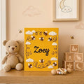 Personalized bee theme hand embroidered baby photo album with honey bee nursery design on yellow linen cover