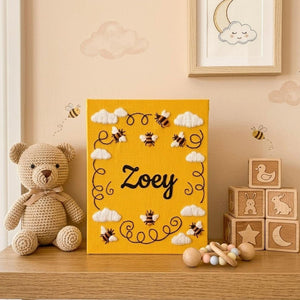 Personalized bee theme hand embroidered baby photo album with honey bee nursery design on yellow linen cover