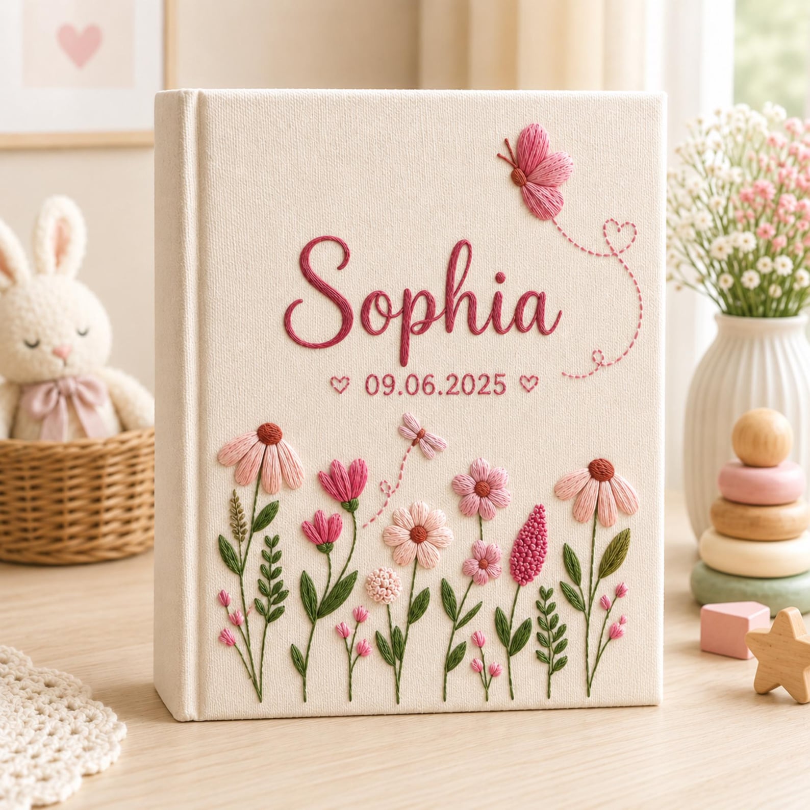 Personalized floral butterfly hand embroidered photo album with pastel wildflowers and custom baby name
