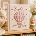 Personalized hand embroidered photo album with pink hot air balloon design, custom baby girl memory book keepsake gift