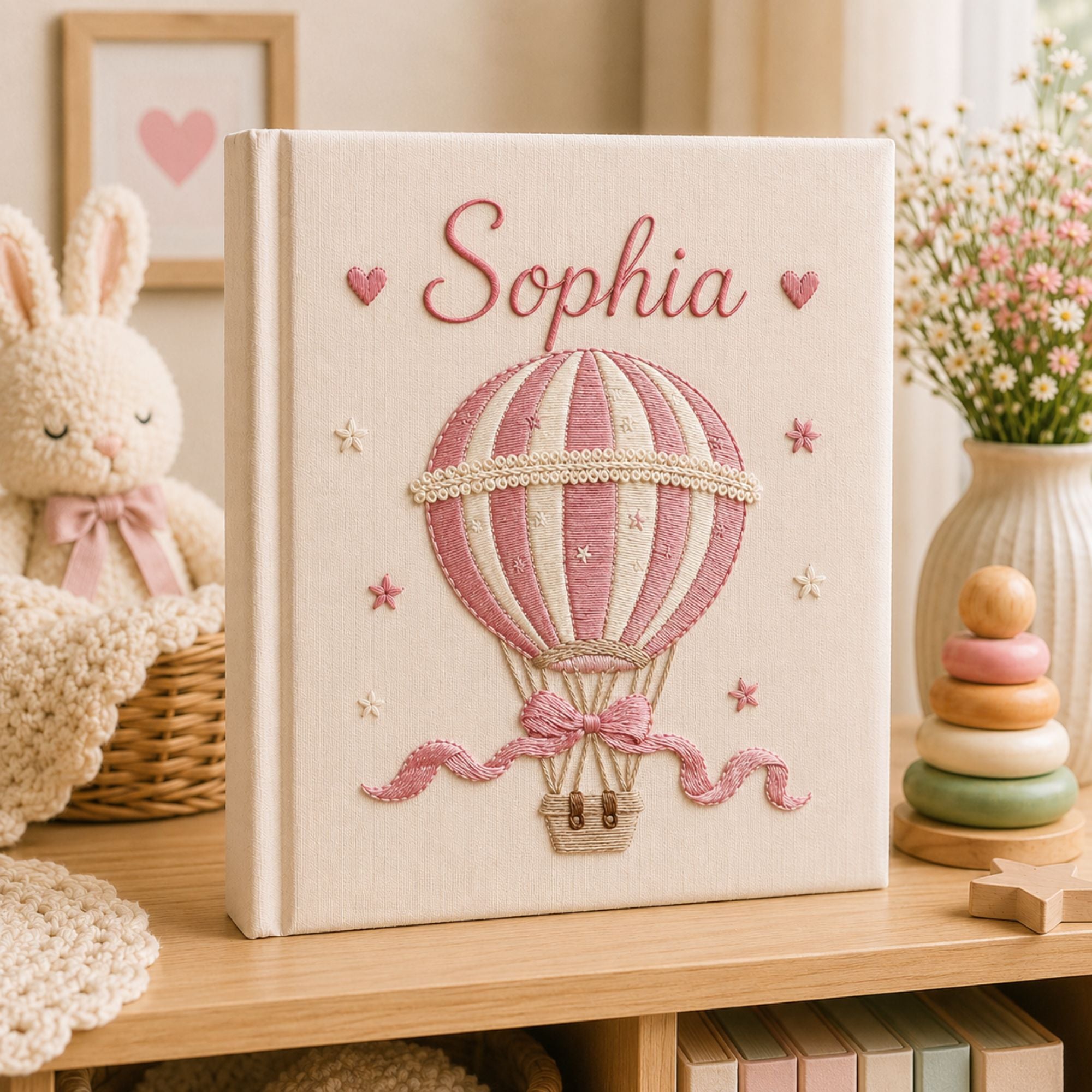 Personalized hand embroidered photo album with pink hot air balloon design, custom baby girl memory book keepsake gift
