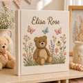 Personalized embroidered baby photo album with teddy bear, butterflies, and pastel flower garden design
