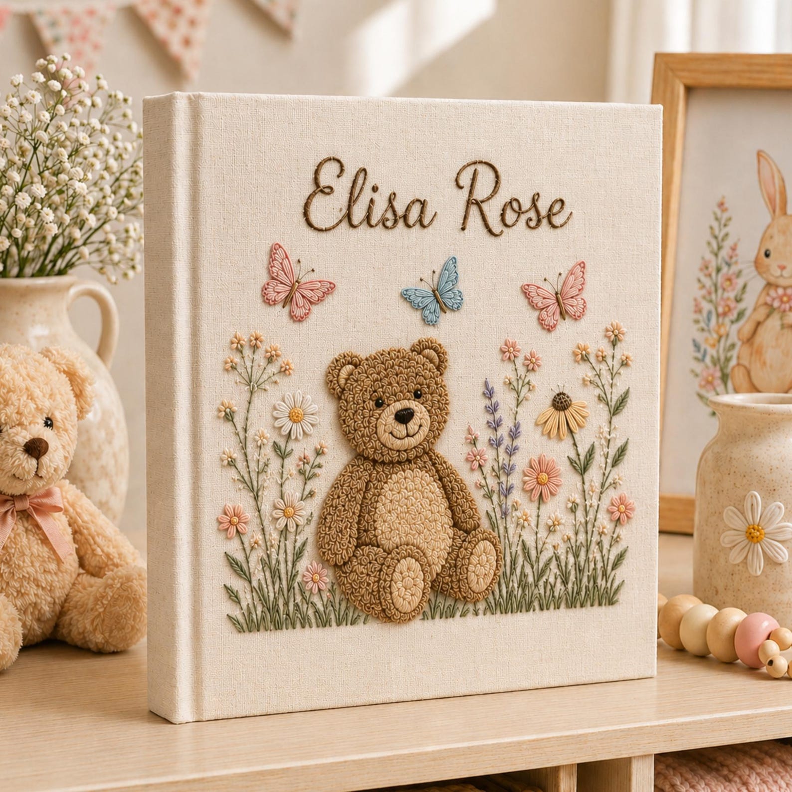 Personalized embroidered baby photo album with teddy bear, butterflies, and pastel flower garden design