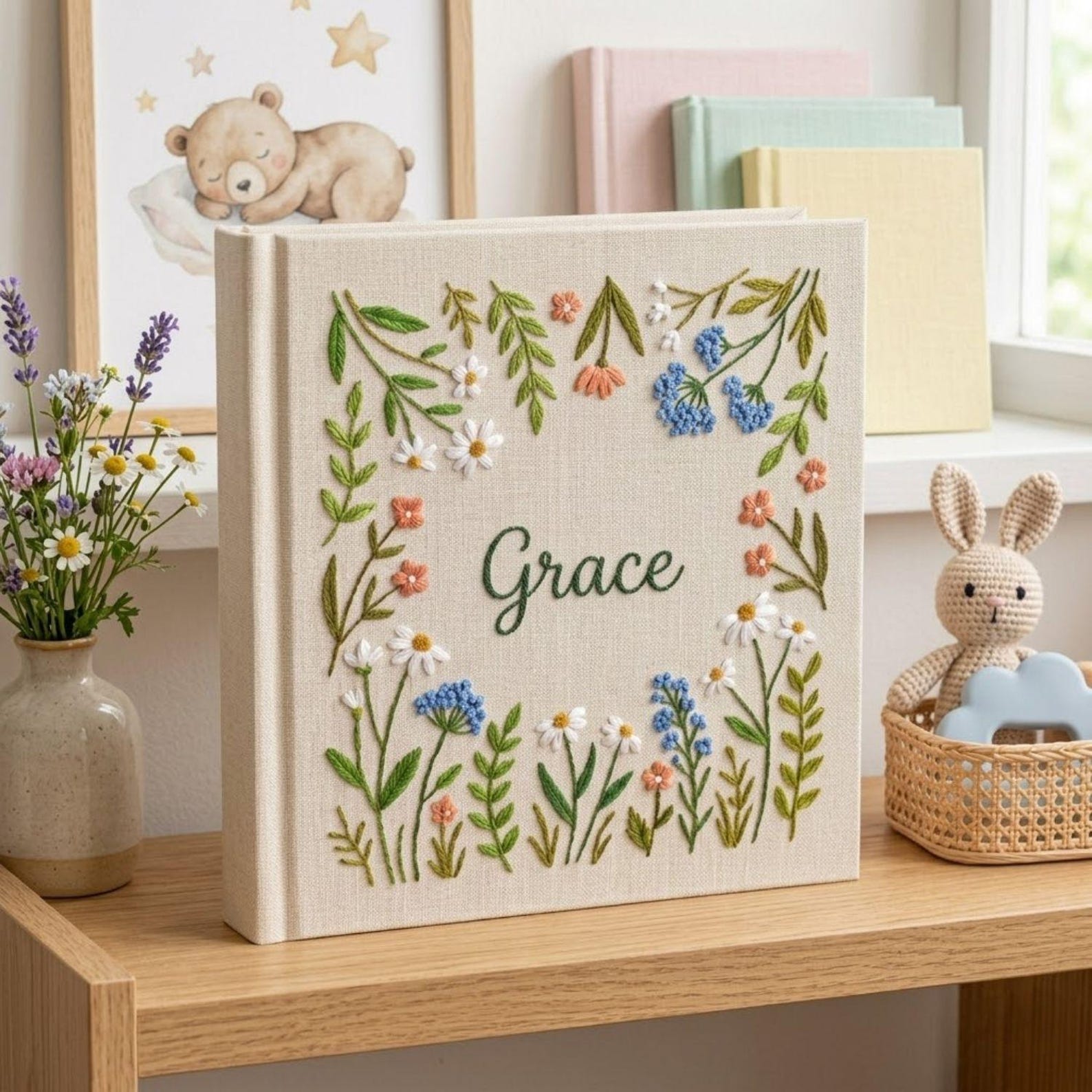 Personalized wildflower garden hand embroidered baby photo album with botanical floral meadow design on linen cover