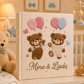 Personalized twin teddy bear hand embroidered photo album with pastel balloons and butterfly nursery design