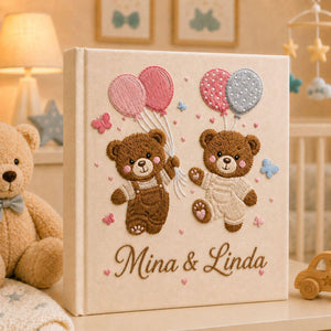 Personalized twin teddy bear hand embroidered photo album with pastel balloons and butterfly nursery design