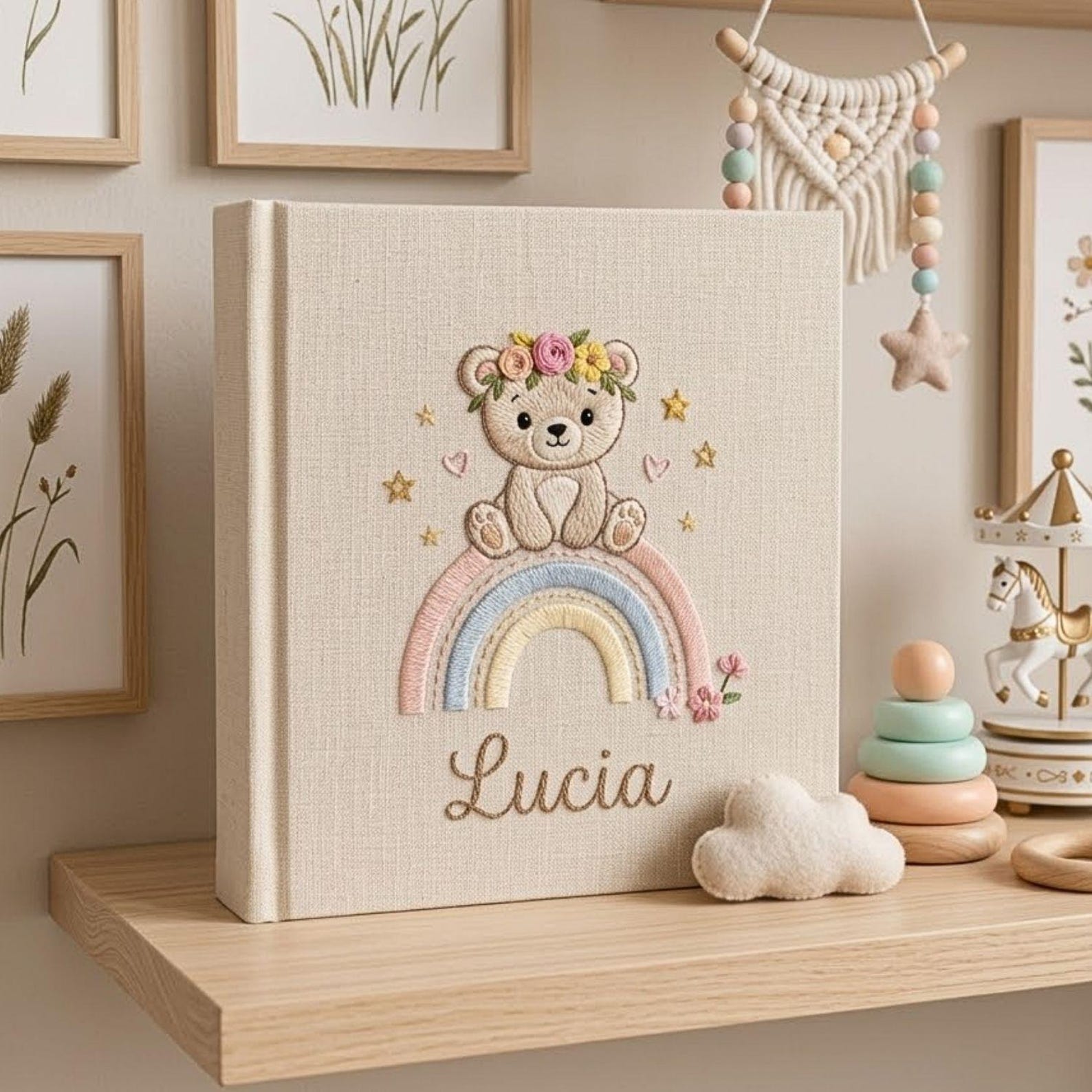 Personalized rainbow teddy bear embroidered baby photo album with pastel rainbow and custom name on linen cover