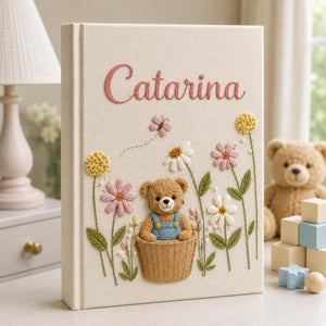 Personalized embroidered baby photo album with teddy bear basket floral garden and butterfly details