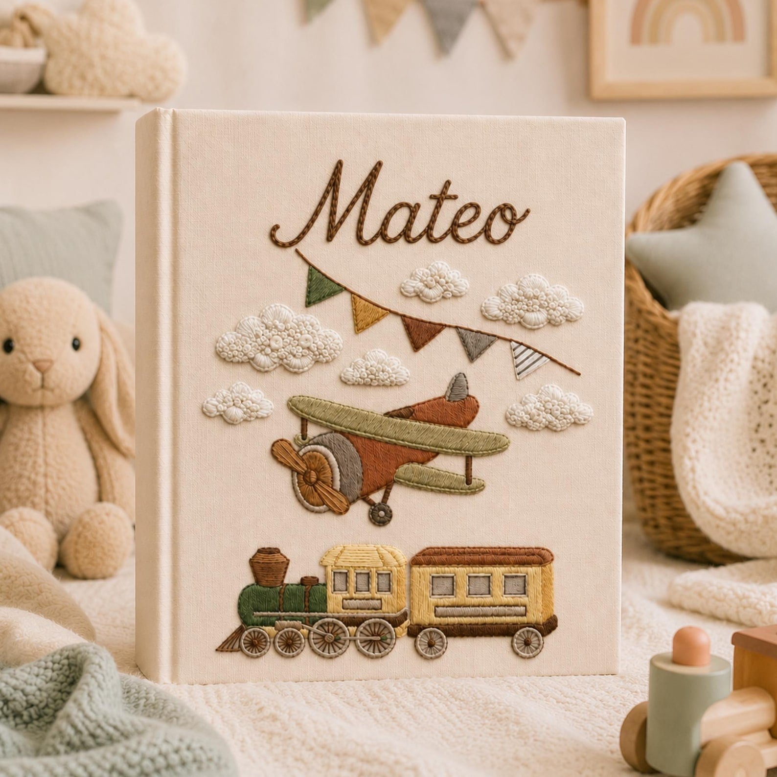 Personalized vintage airplane and train hand embroidered photo album with custom baby name