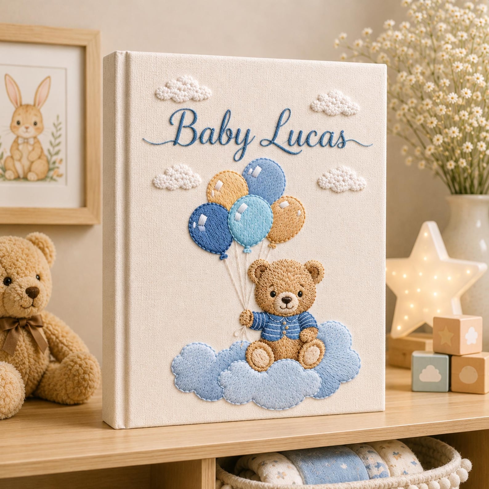 Personalized hand embroidered baby photo album with teddy bear holding blue balloons on clouds