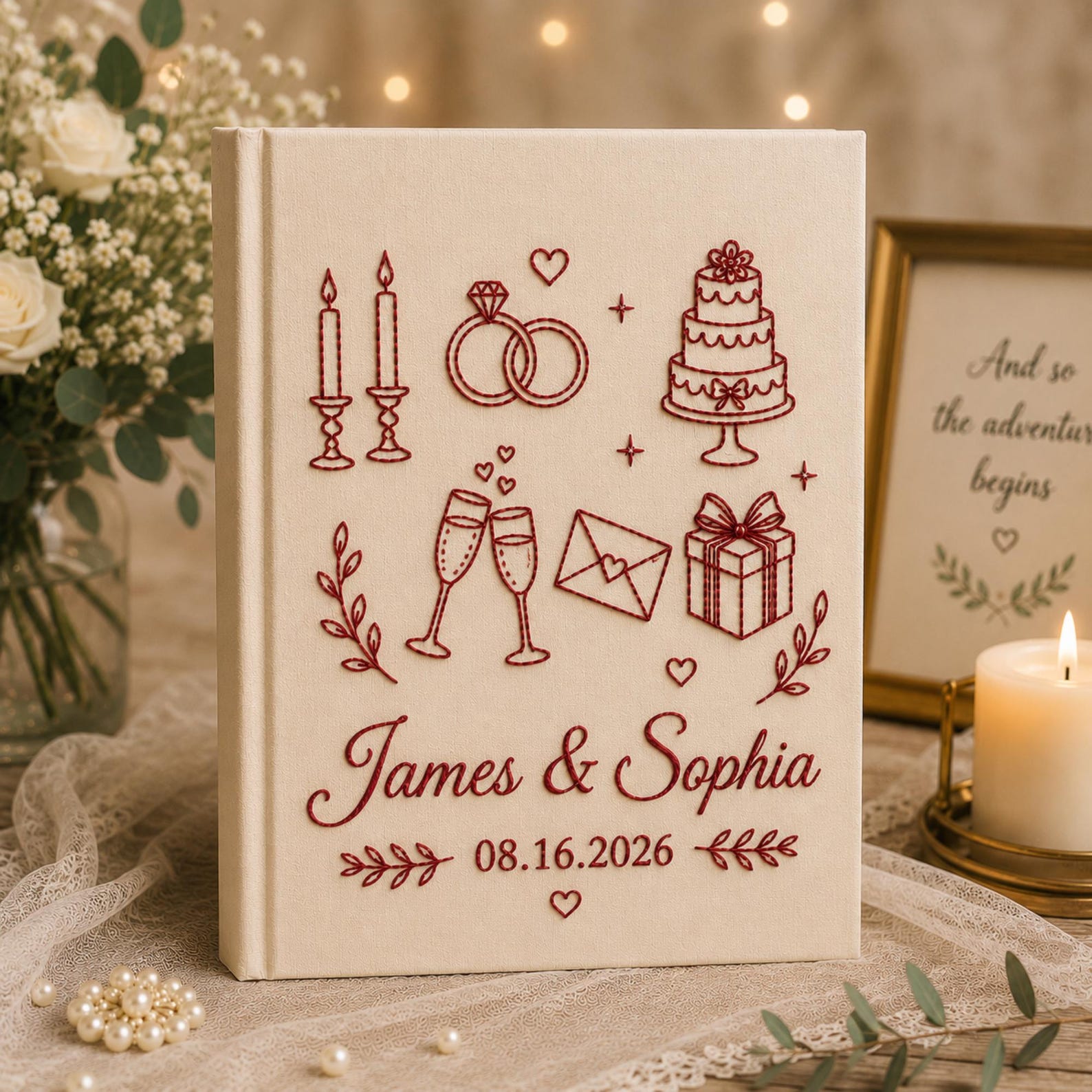 Personalized embroidered wedding photo album with wedding icons rings champagne cake and custom couple names on linen cover