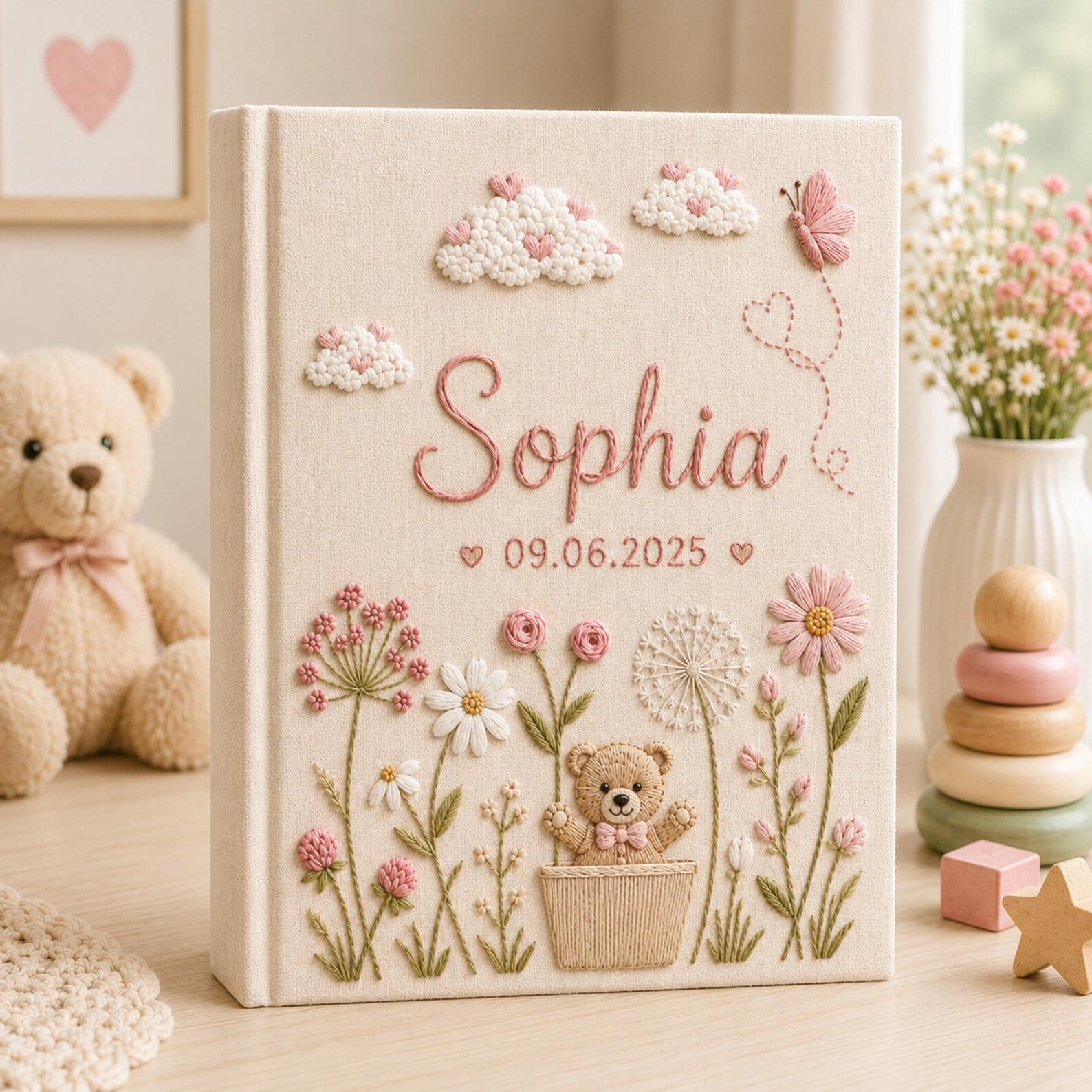 Personalized hand embroidered baby girl photo album with pink flowers clouds butterflies and teddy bear