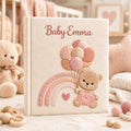 Personalized teddy bear hand embroidered photo album with pastel rainbow and balloon nursery design