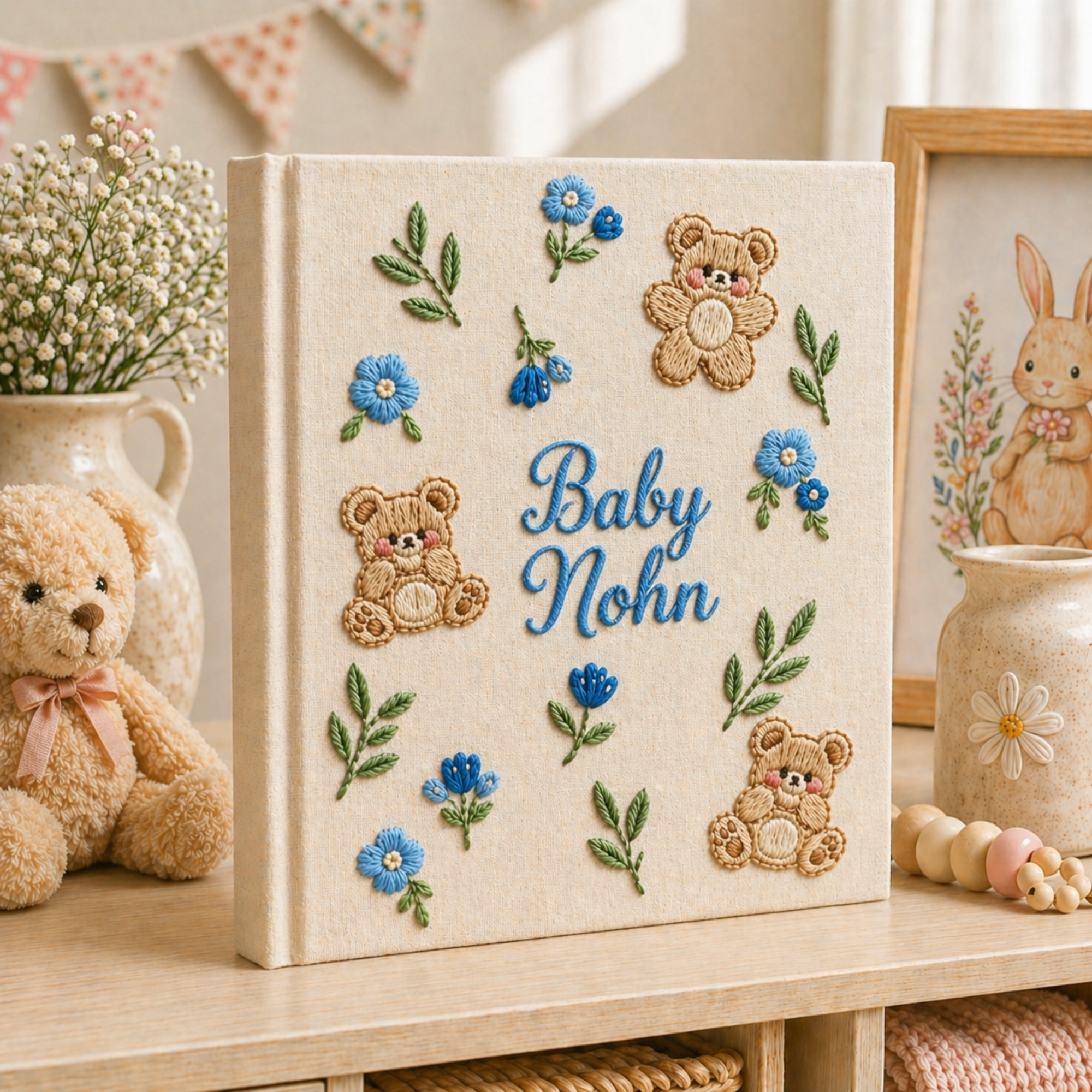 Personalized hand embroidered photo album featuring teddy bears, botanical flowers, leafy accents and custom baby name embroidery on a linen cover