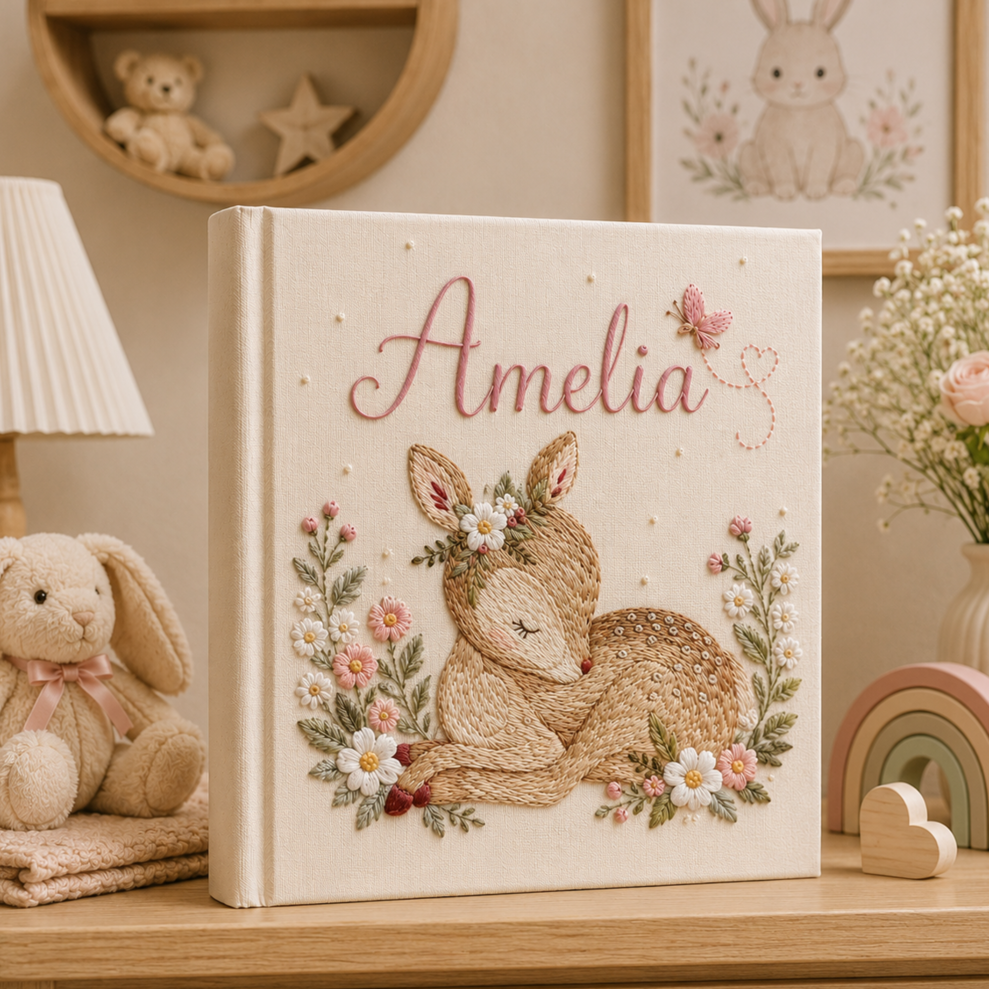 Personalized hand embroidered photo album featuring a sleeping woodland fawn surrounded by flowers and butterfly accents with custom name embroidery