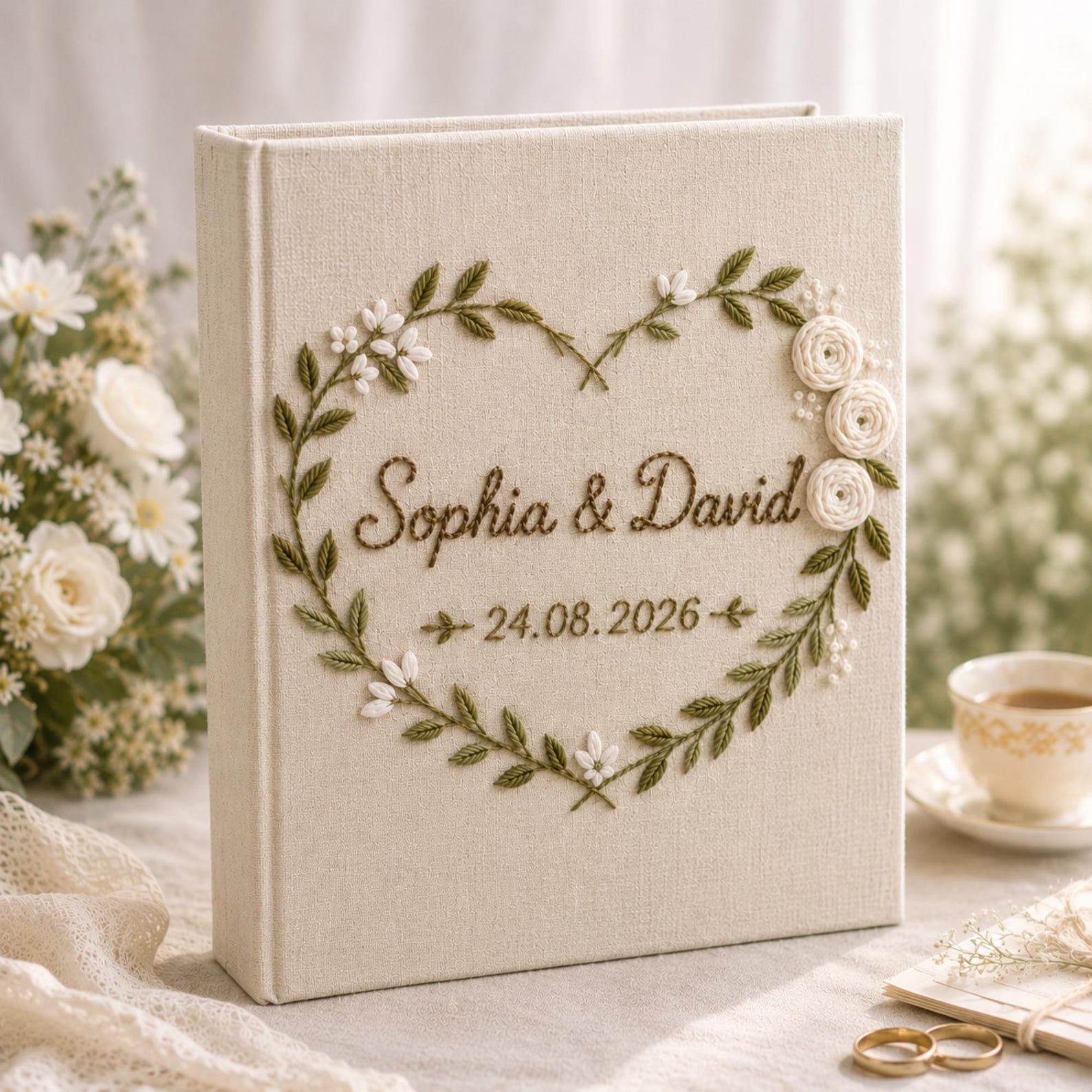 Personalized embroidered wedding photo album with heart-shaped floral wreath, white rose embroidery, botanical greenery, custom couple names, wedding date, and elegant linen hardcover design