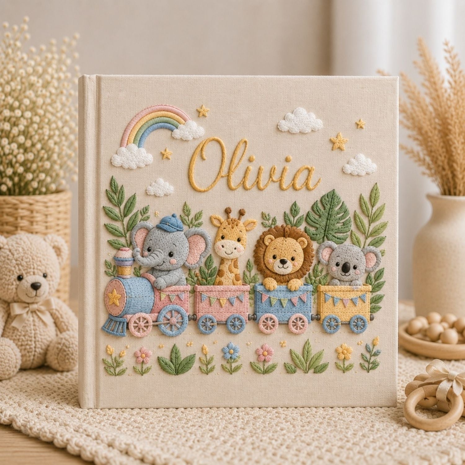 Personalized hand embroidered photo album featuring a safari animal train with elephant giraffe lion and koala in a tropical jungle setting