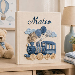 Personalized train hand embroidered photo album with balloons and vintage locomotive nursery design
