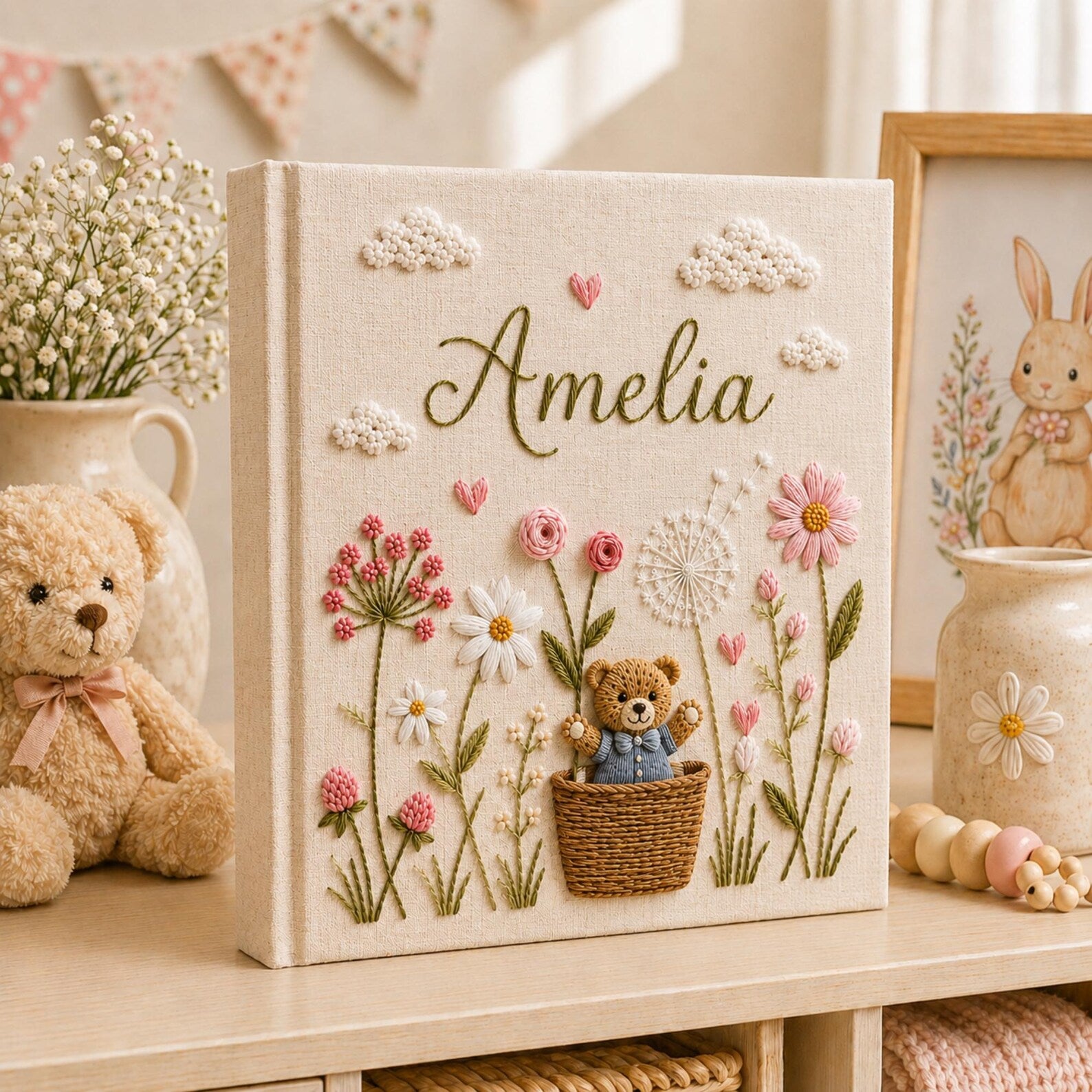 Personalized hand embroidered baby photo album with teddy bear basket wildflowers and cottagecore floral details