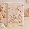 Personalized floral bunny hand embroidered baby photo album with pastel flowers and butterfly design on linen cover