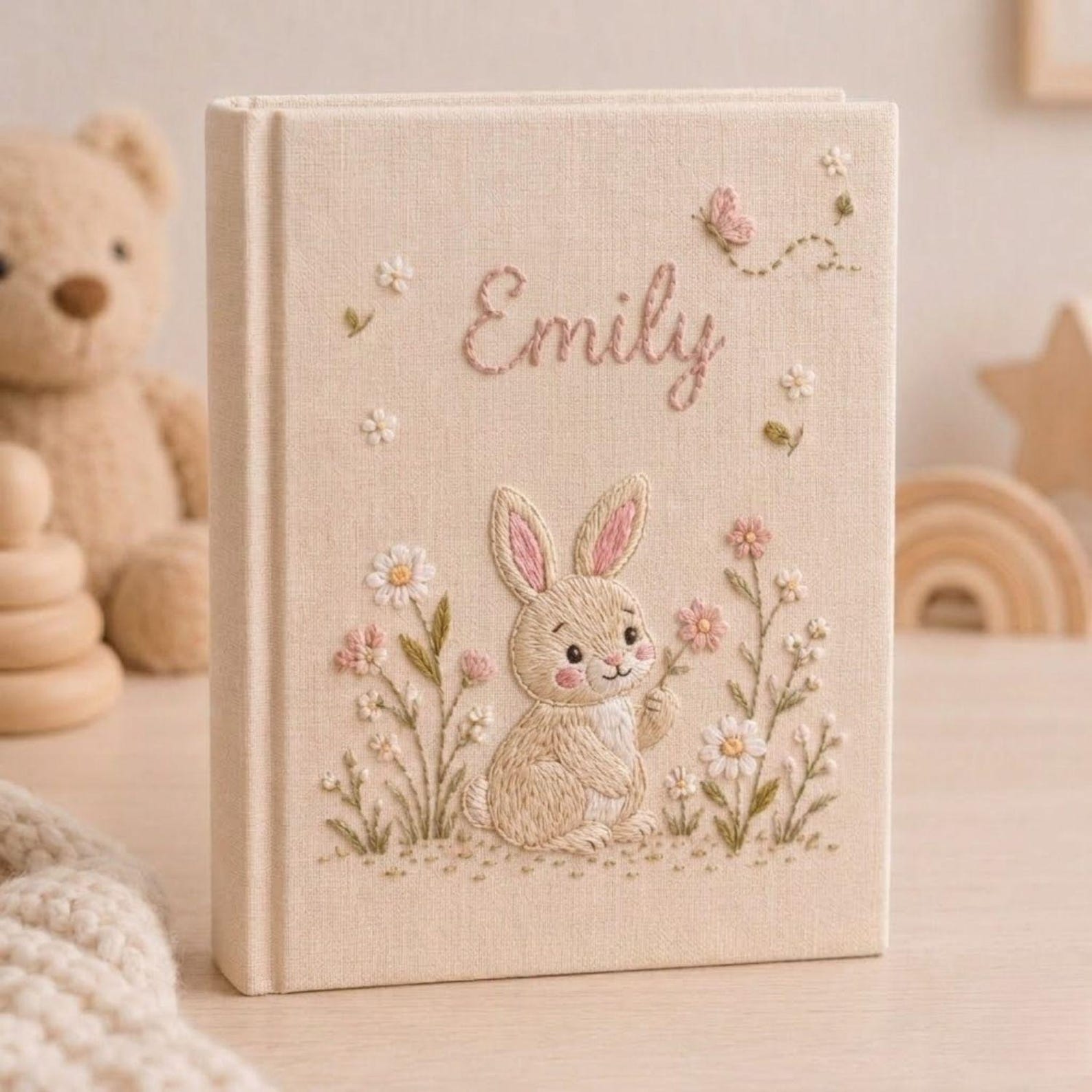 Personalized floral bunny hand embroidered baby photo album with pastel flowers and butterfly design on linen cover
