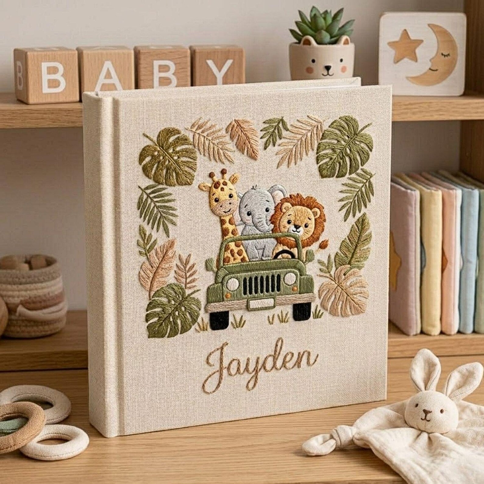 Personalized safari animal embroidered baby photo album with jungle jeep design on linen cover